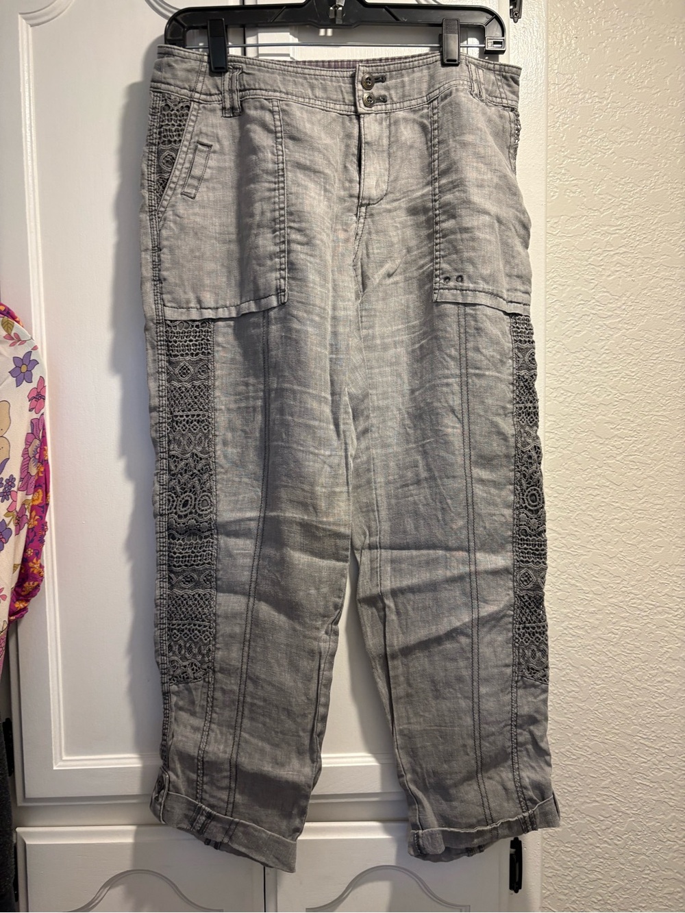 Anthropologie Hei Hei Marlena Linen Crochet Lace Crop Pants 26 Gray